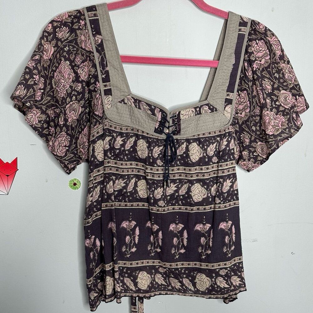 Vintage Y2K Free People Boho Kantha Trim Hippie Peasant Milkmaid Top Size 8
